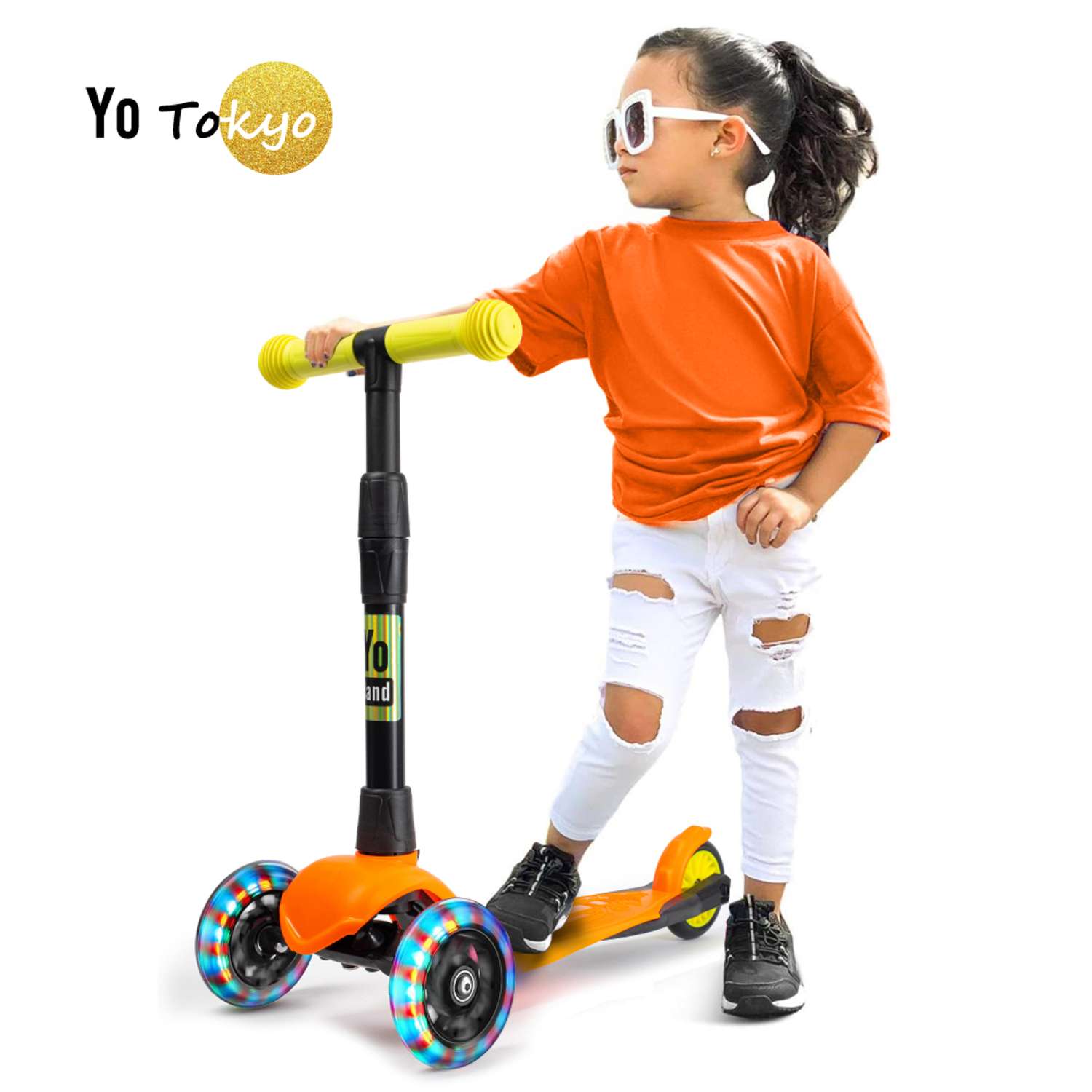 Самокат детский Yo Band Tokyo легкий бесшумный светящиеся колёса оранжевый-желтый - фото 1