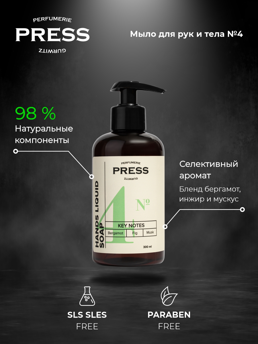 Жидкое мыло для рук №4 Press Gurwitz Perfumerie парфюмированное с Бергамот Инжир Мускус натуральное - фото 3