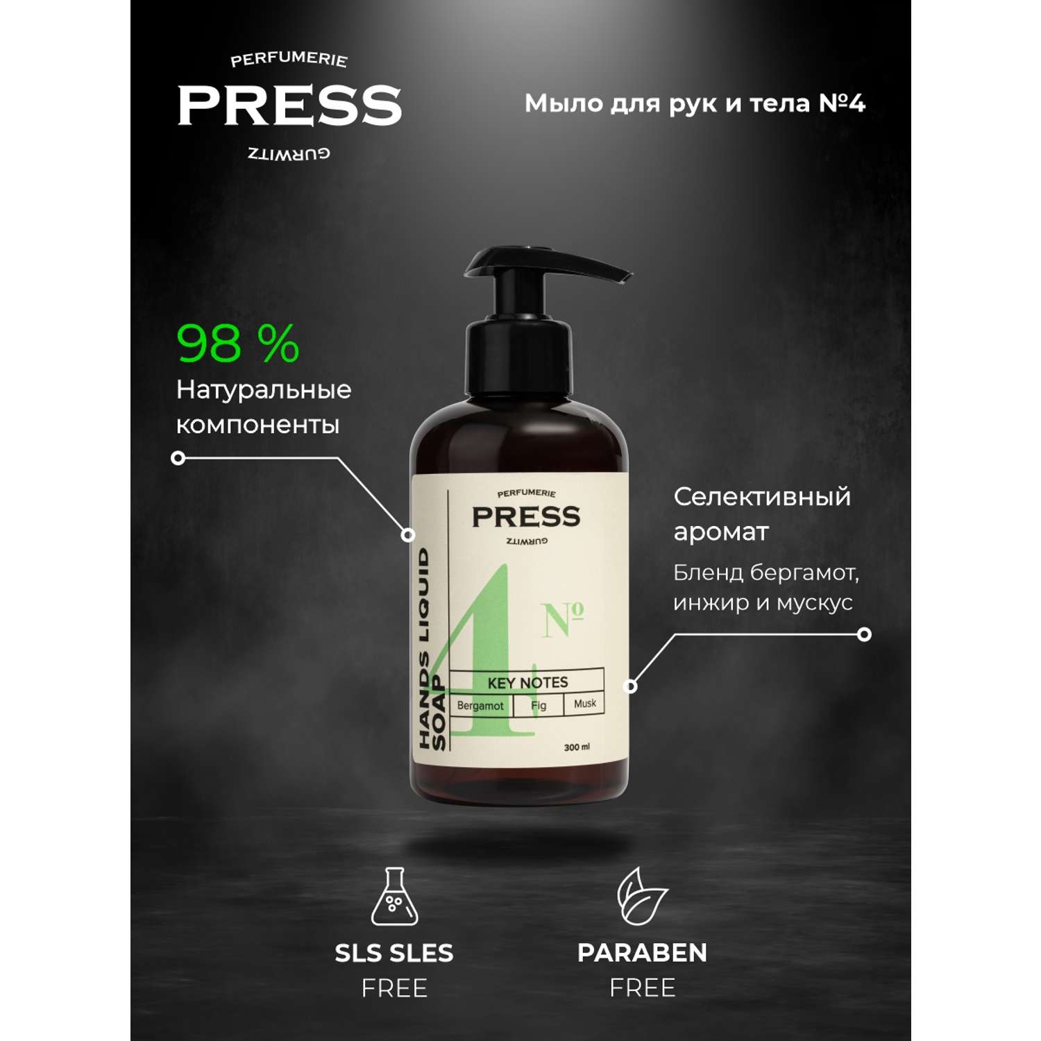 Жидкое мыло для рук №4 Press Gurwitz Perfumerie парфюмированное с Бергамот Инжир Мускус натуральное - фото 3