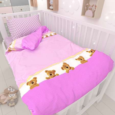 Комплект постельного белья Маленькая соня Медведи 3 предмета простыня на резинке розовый