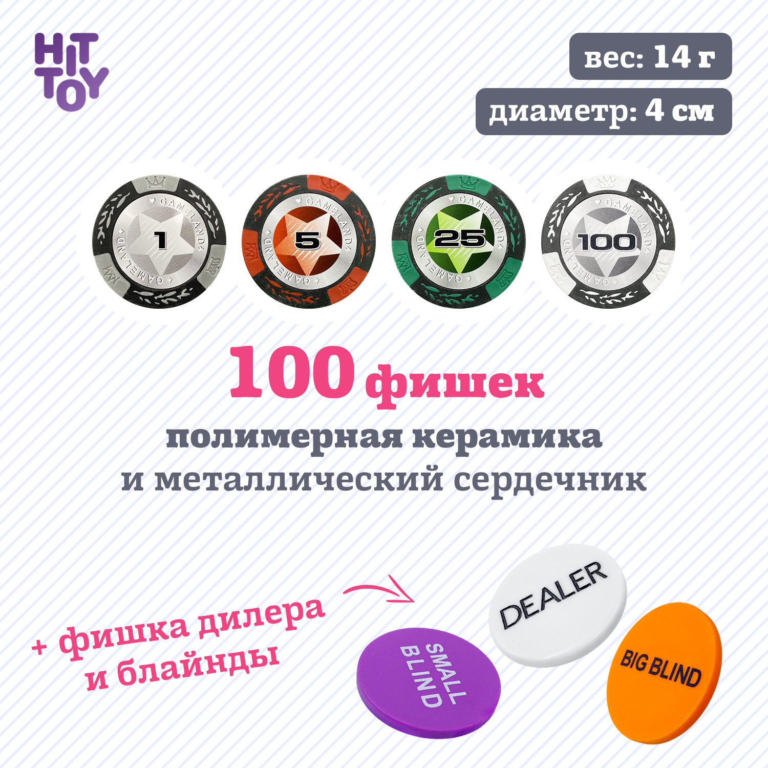 Покерный набор HitToy Black Stars 100 фишек с номиналом в чемодане - фото 3