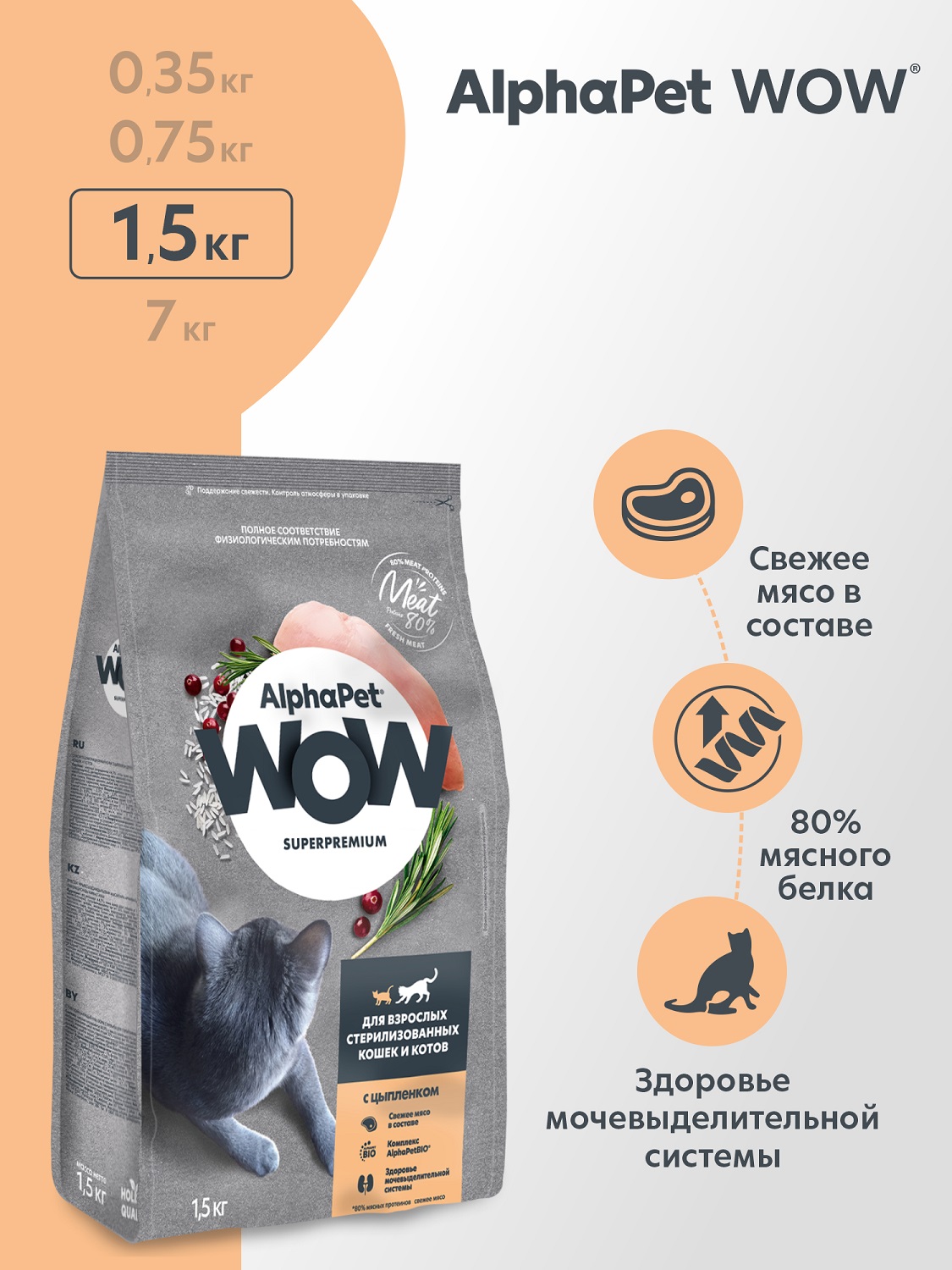 Корм для кошек AlphaPet WOW superpremium взрослых стерилизованных c цыпленком 1.5кг - фото 1