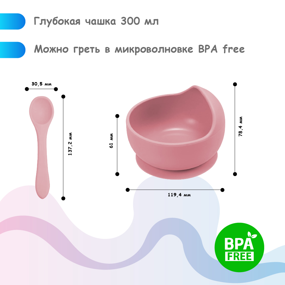 Набор детской посуды MIKMEL Dark Pink силиконовая тарелка на присоске и ложка - фото 4