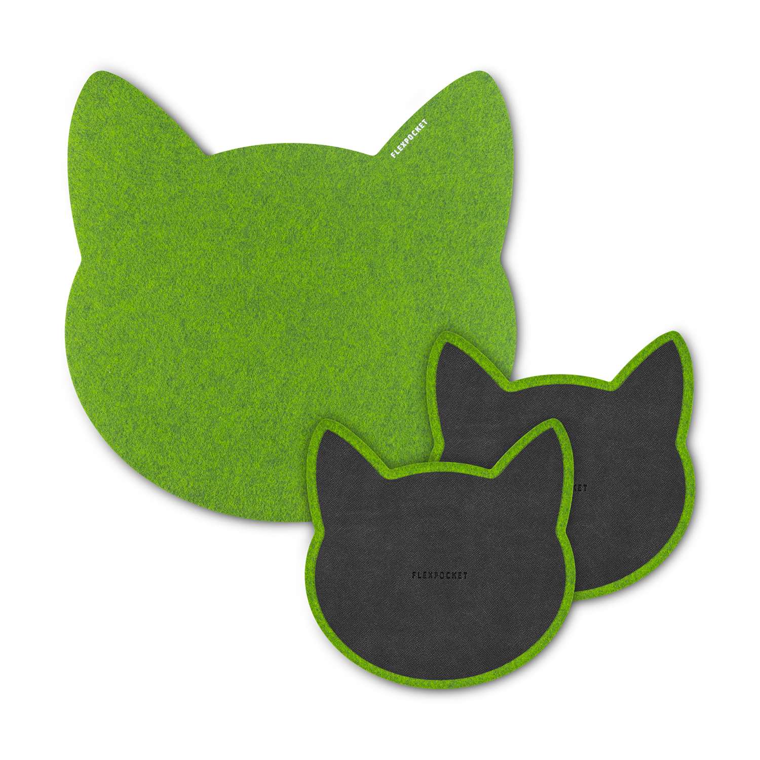 Настольный коврик Flexpocket для мыши в виде кошки + комплект с подставкой под кружку зеленый - фото 1
