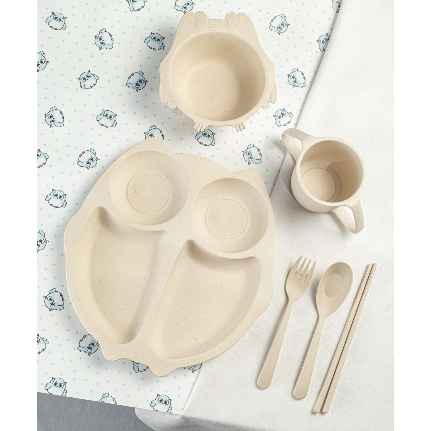 Набор детской посуды Добрый Филин Детская тарелка вилка ложка Совушка бежевая 6 предметов - фото 1
