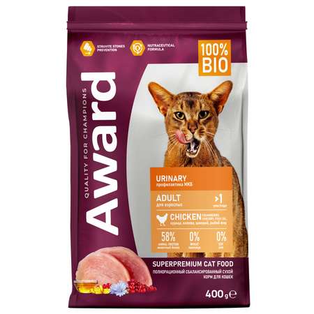 Корм для кошек AWARD 400гр курицей с добавлением клюквы цикория и рыбьего жира Urinary для профилактики сухой