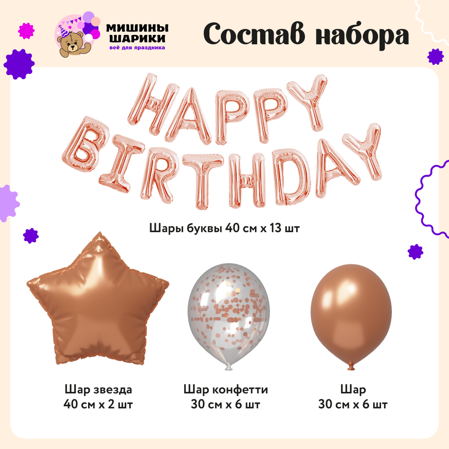 Воздушные шары Happy Birthday Мишины шарики для фотозоны на день рождения латексные и фольгированные - фото 2