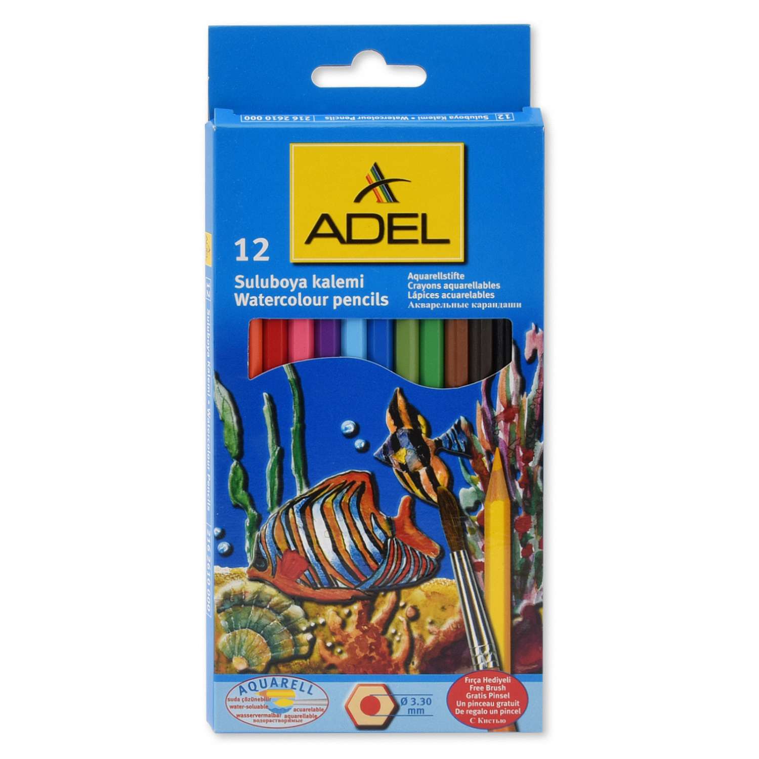 Карандаши цветные акварельные Adel Aquacolor 3 мм 12 цветов + кисточка - фото 2