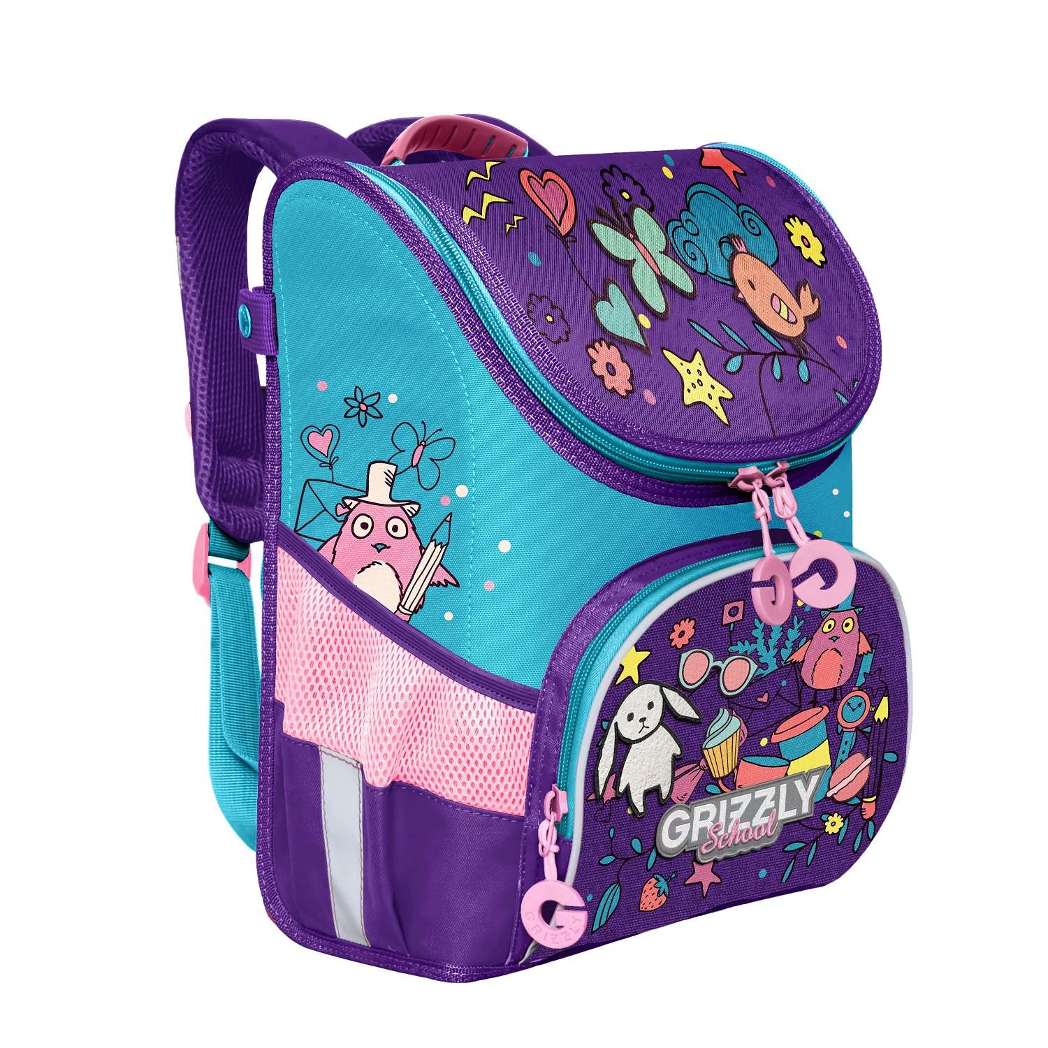 Рюкзак школьный Grizzly Нашивки Фиолетовый-Голубой RAn-082-6/1 - фото 1
