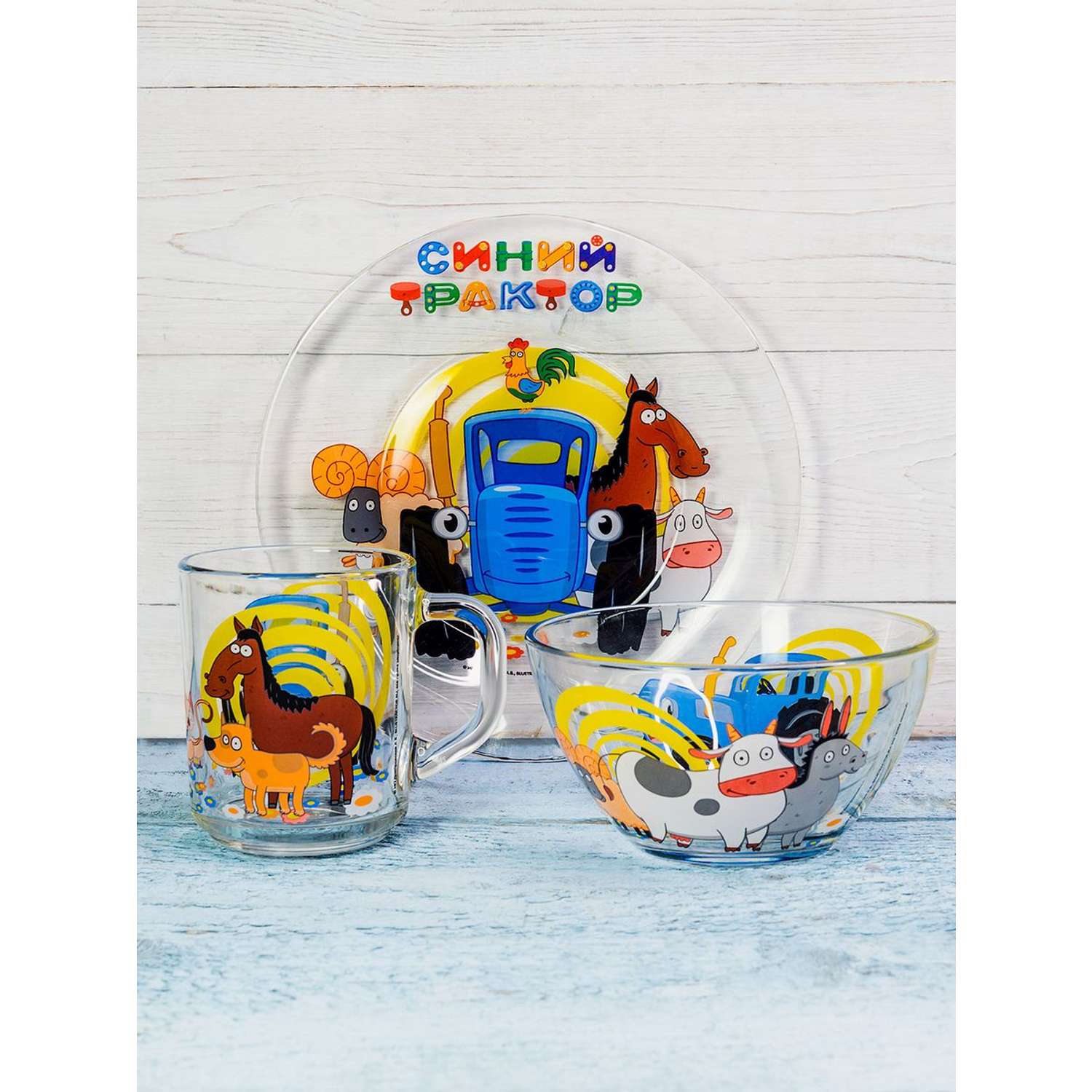 Набор детской посуды Синий трактор из стекла - фото 5