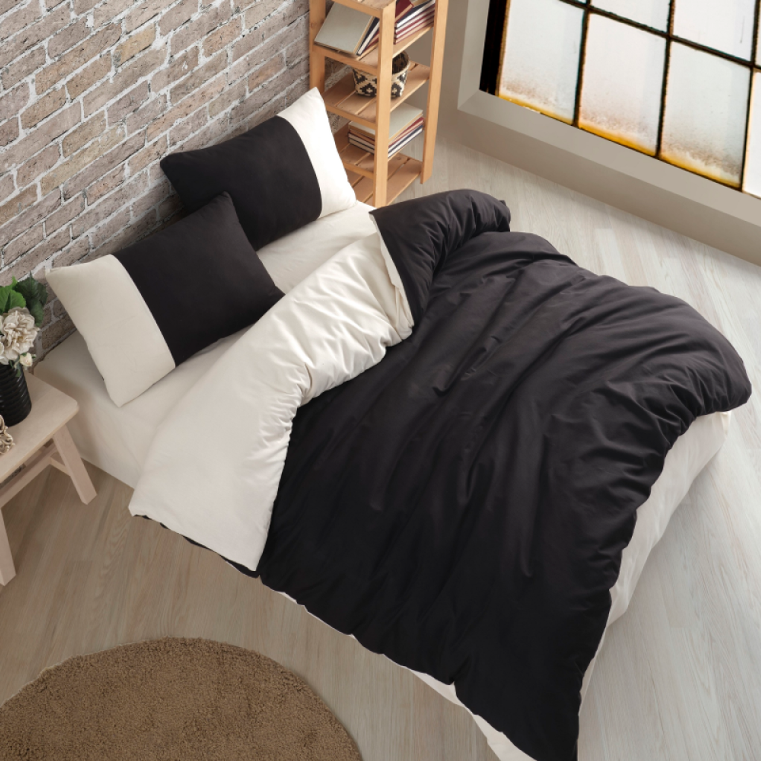 Комплект постельного белья ATLASPLUS размер ЕВРО ранфорс хлопок цвет черный кремовый - фото 2