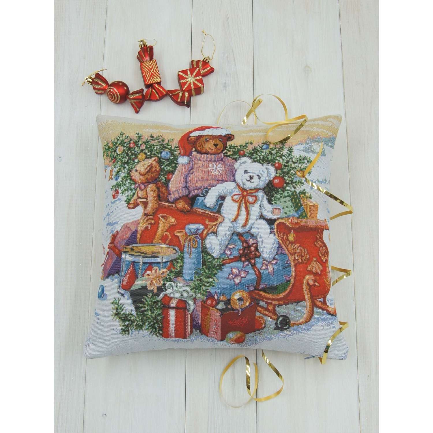 Подушка декоративная Якимок из гобелена Новогодние подарки 2 шт съемная наволочка 35х33 см - фото 2
