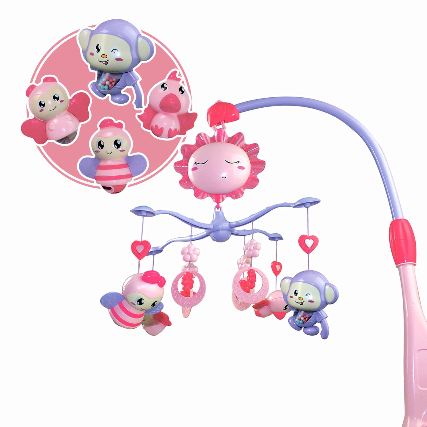 Музыкальный мобиль BONDIBON Солнышко со съемными погремушками розового цвета серия Baby You - фото 1