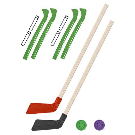 Набор для хоккея Задира Клюшка хоккейная детская 2 шт 80 см + 2 шайбы + Чехлы для коньков зеленые - 2 шт