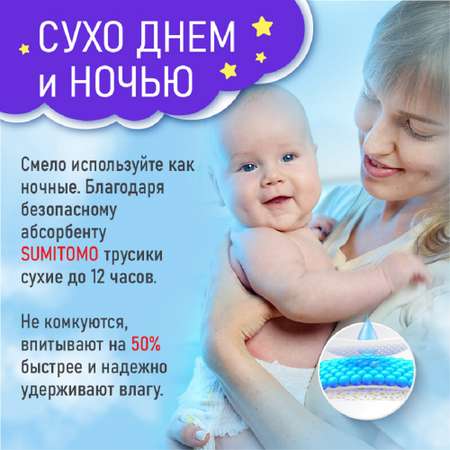Подгузники-трусики Ekitto 4 размер детские 9-14 кг ночные 42 шт