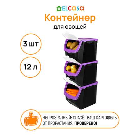 Контейнер El Casa для овощей 12 л 33х23х23.5 см черно-фиолетовый 3 штуки