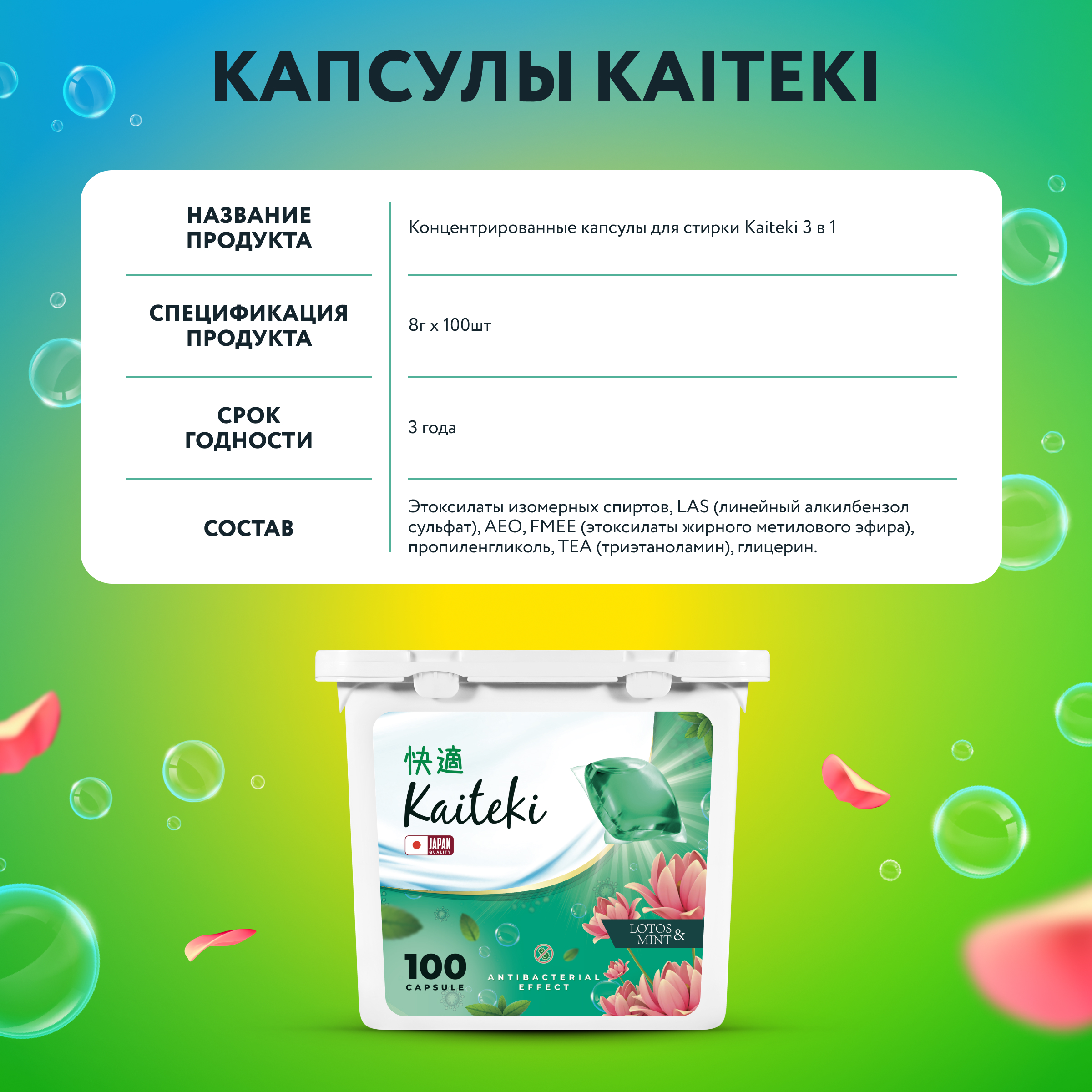 Капсулы для стирки 3в1 Kaiteki "Softener", аромат Мята и Лотос, 100 шт - фото 10