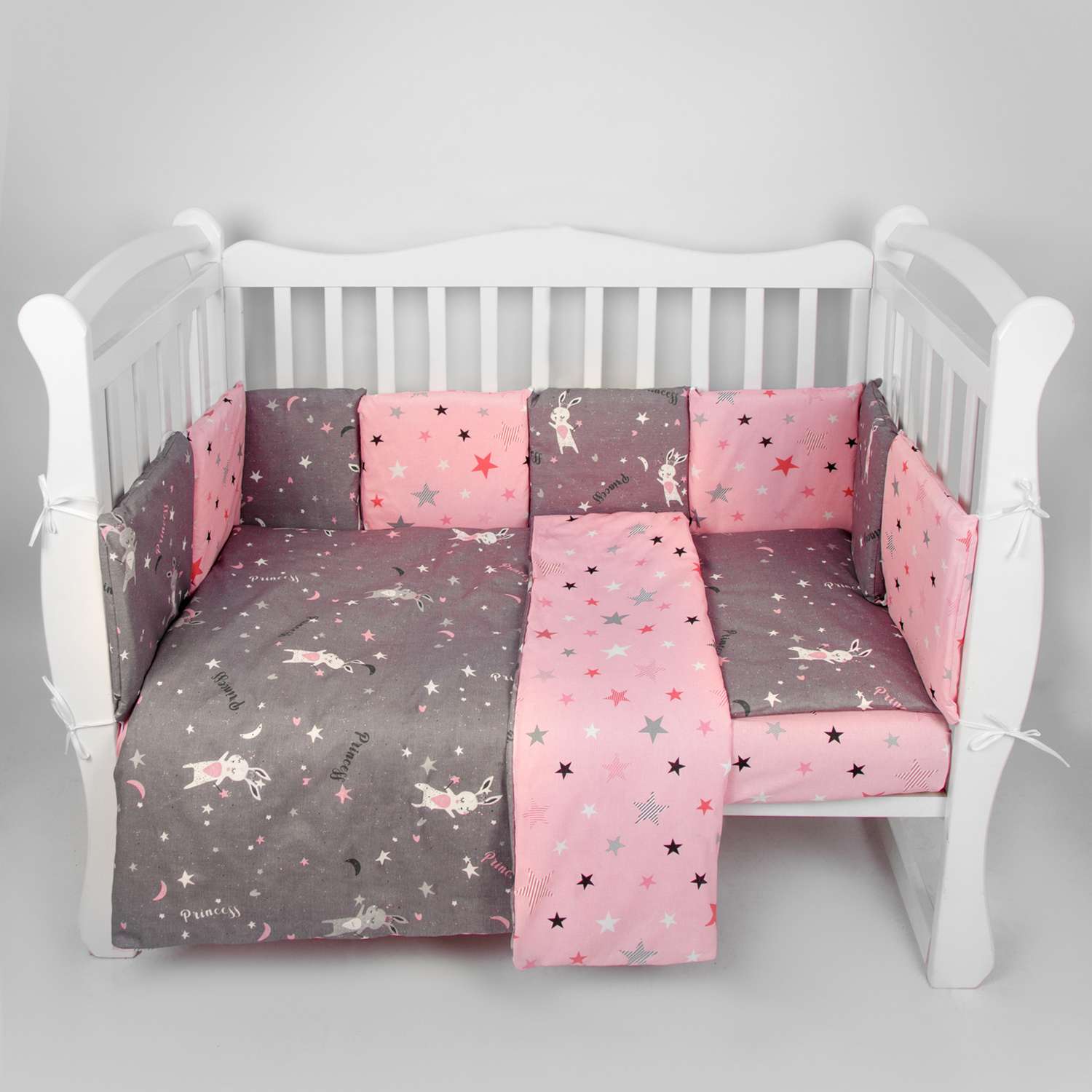 Бортик в кроватку AmaroBaby 12 предметов AmaroBaby Princess серый розовый - фото 2