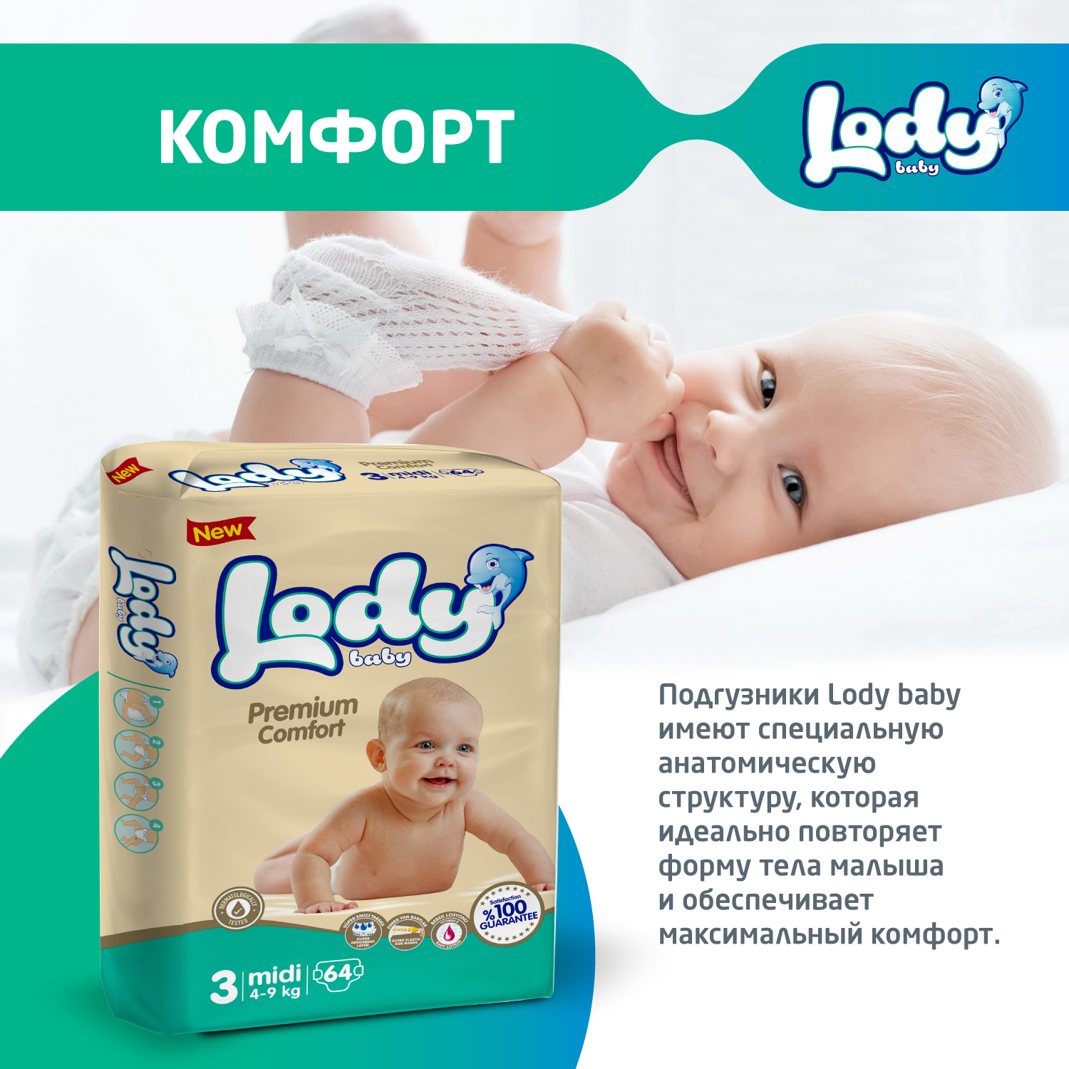 Детские подгузники LODY BABY 3 МИДИ 4-9 кг 64шт - фото 3