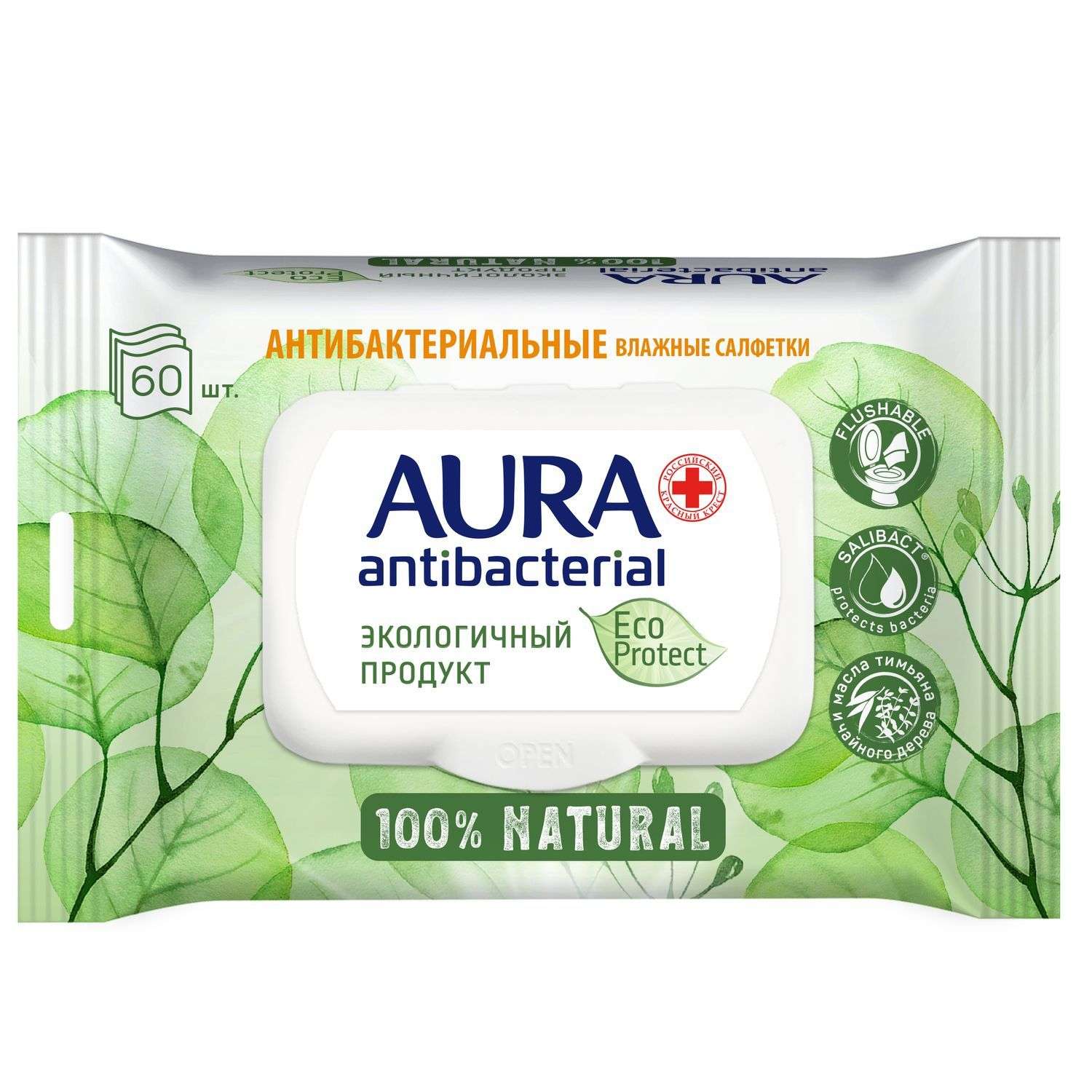 Салфетки влажные AURA Antibacterial Eco Protect Flushable антибактериальные биоразлагаемые 60шт - фото 1