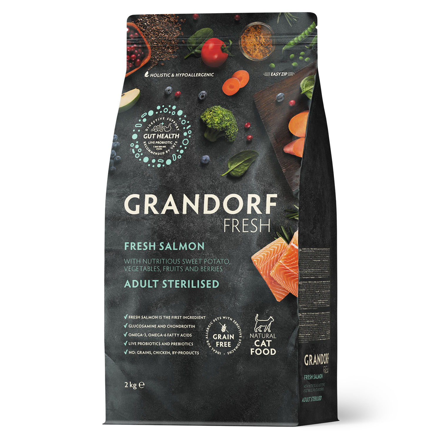 Корм для кошек GRANDORF FRESH Fresh Cat Sterilised Salmon/Sweet Potato 2кг свежее филе лосося с бататом для стерил-ых беззерн с жив пр - фото 1