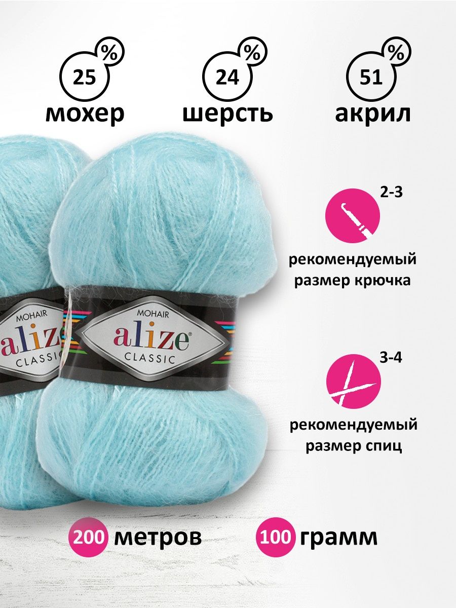 Пряжа Alize полушерстяная Mohair classic new 100 гр 200 м 5 мотков 522 мята - фото 3