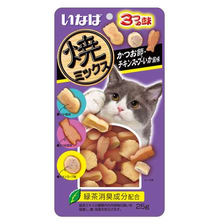 Лакомство для кошек INABA Yaki Miksu 25г кацуобуси куриный бульон и кальмар запеченый