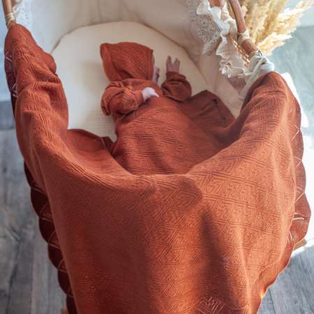 Плед ажурный на выписку НаследникЪ Выжанова Терракотовый для новорожденных на прогулку в кроватку в коляску
