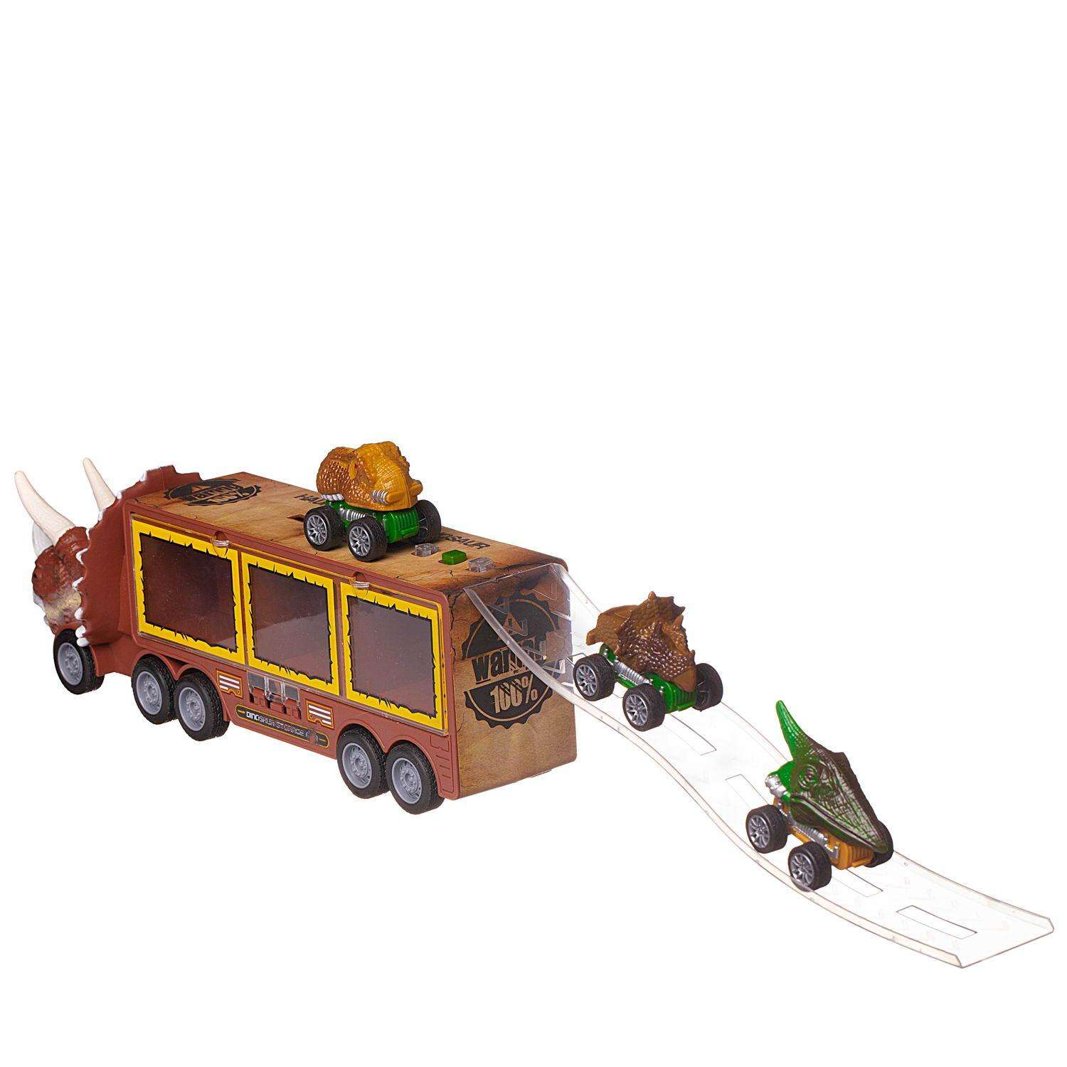 Игровой набор Junfa Автовоз динозавр коричневый с 3 машинками со съездом WC-11972 - фото 6
