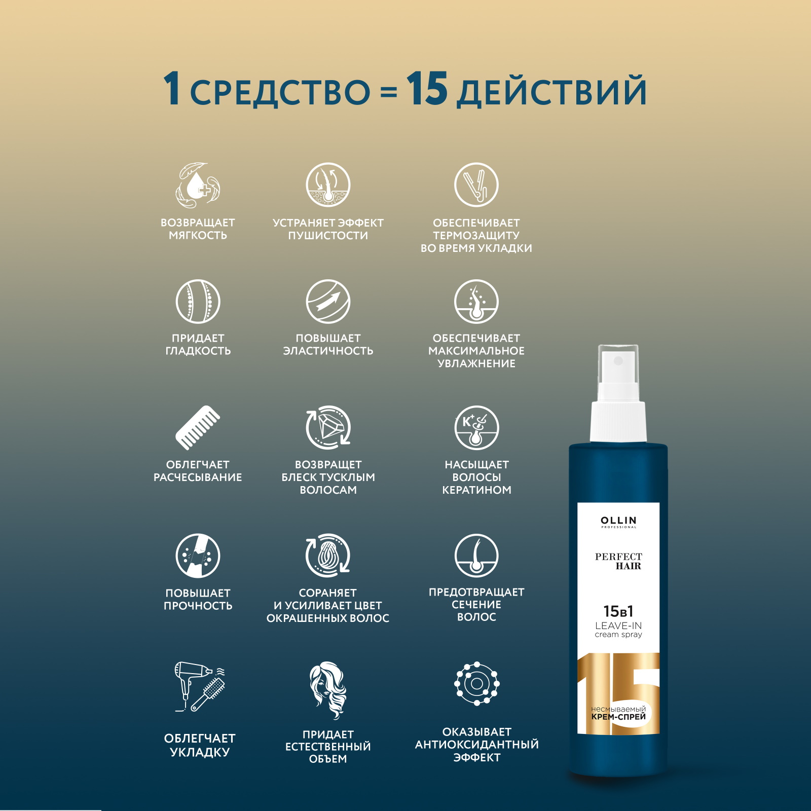 Крем-спрей Ollin PERFECT HAIR многофункциональный 15 в 1 несмываемый 15в1 для волос 250 мл - фото 2