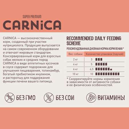 Корм для собак Carnica 85г с уткой для чувствительного пищеварения кусочки в соусе консервированный