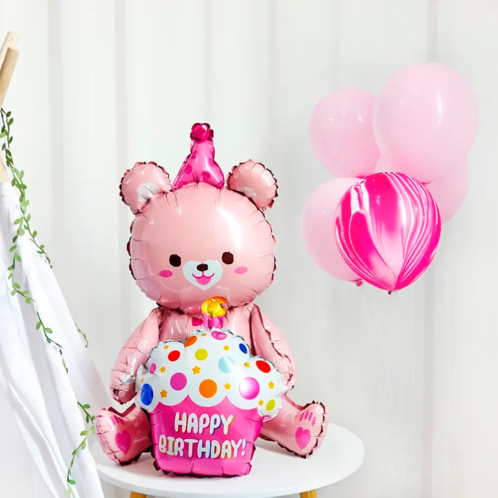 Воздушный шар Falali Мишка с капкейком Happy Birthday/С Днем рождения розовый 97 см - фото 3