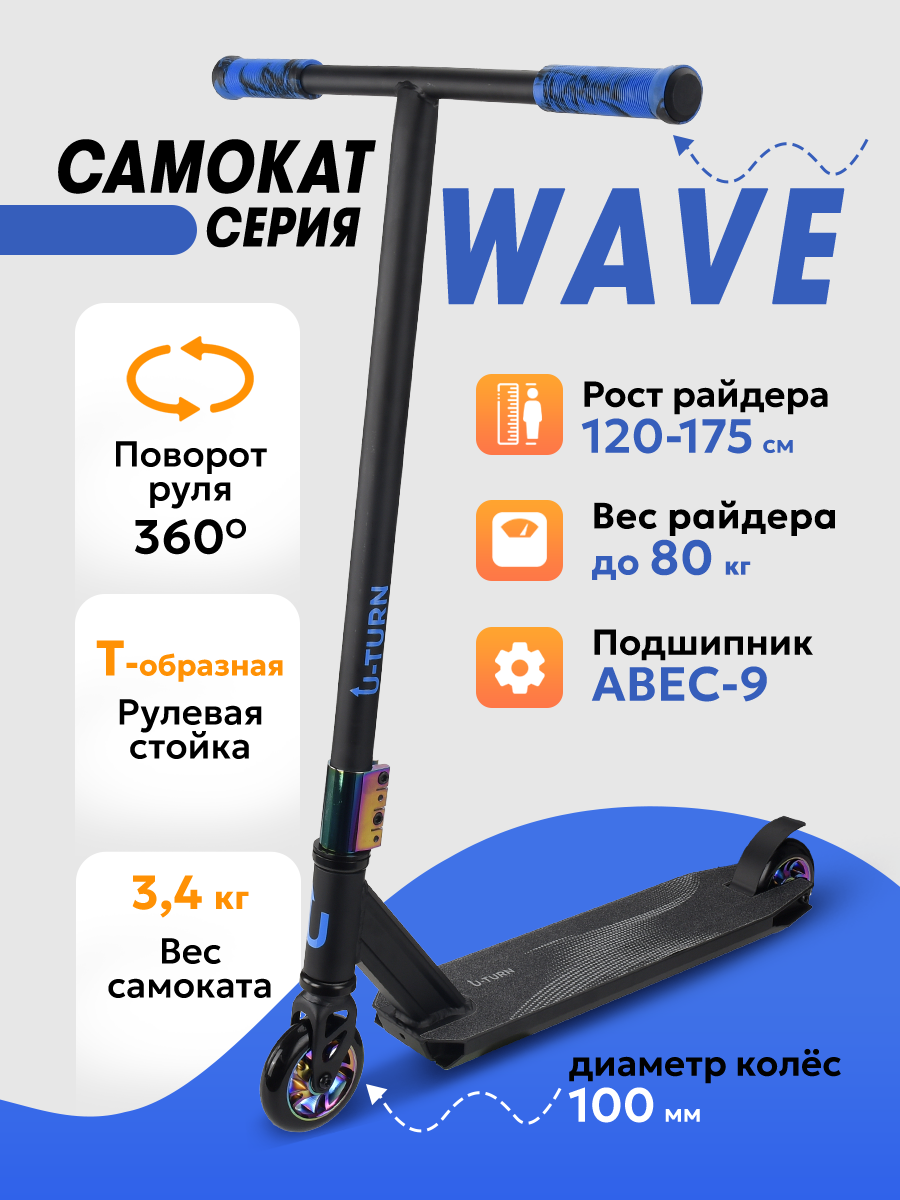 Самокат трюковый Рыжий кот WAVE Колеса PU 100мм Черный с голубым - фото 2