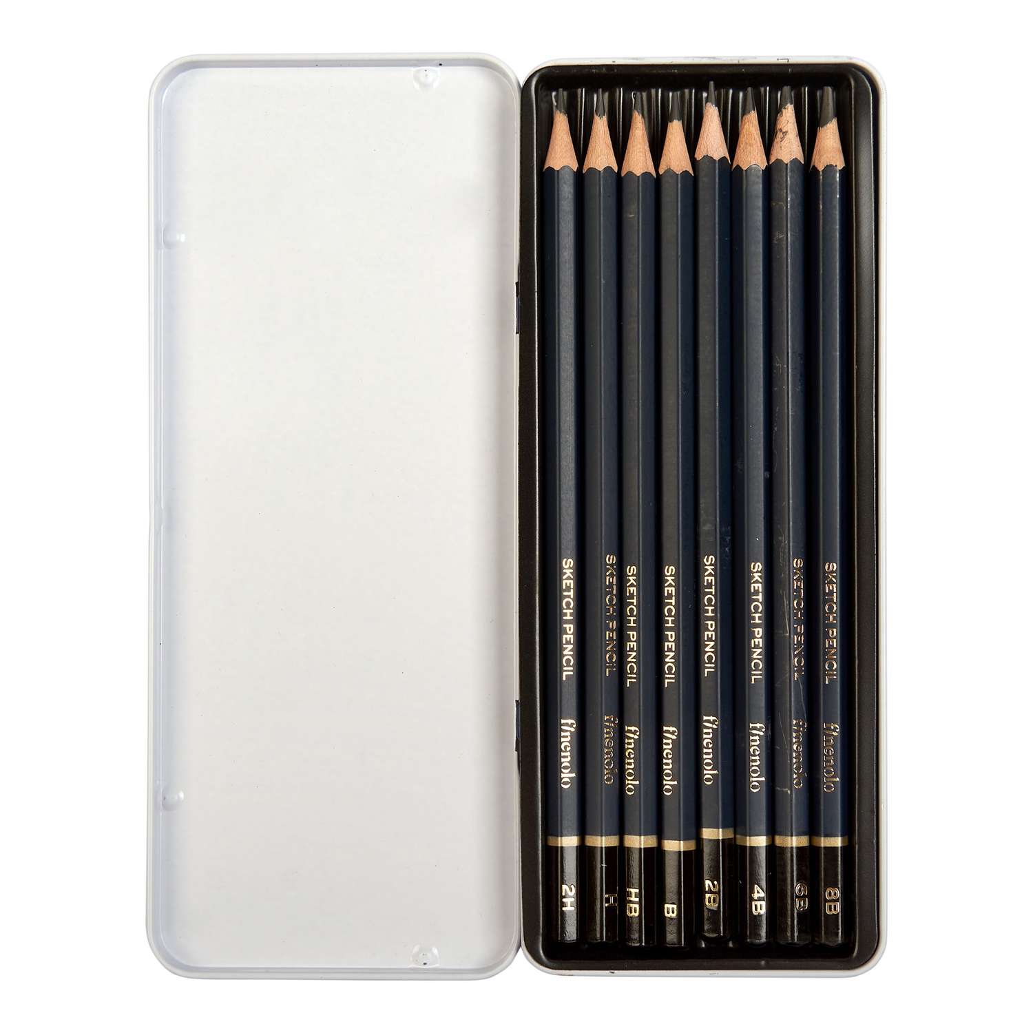 Чернографитные карандаши Finenolo Sketch 8 штук (8B-2H) в металлическом пенале - фото 2
