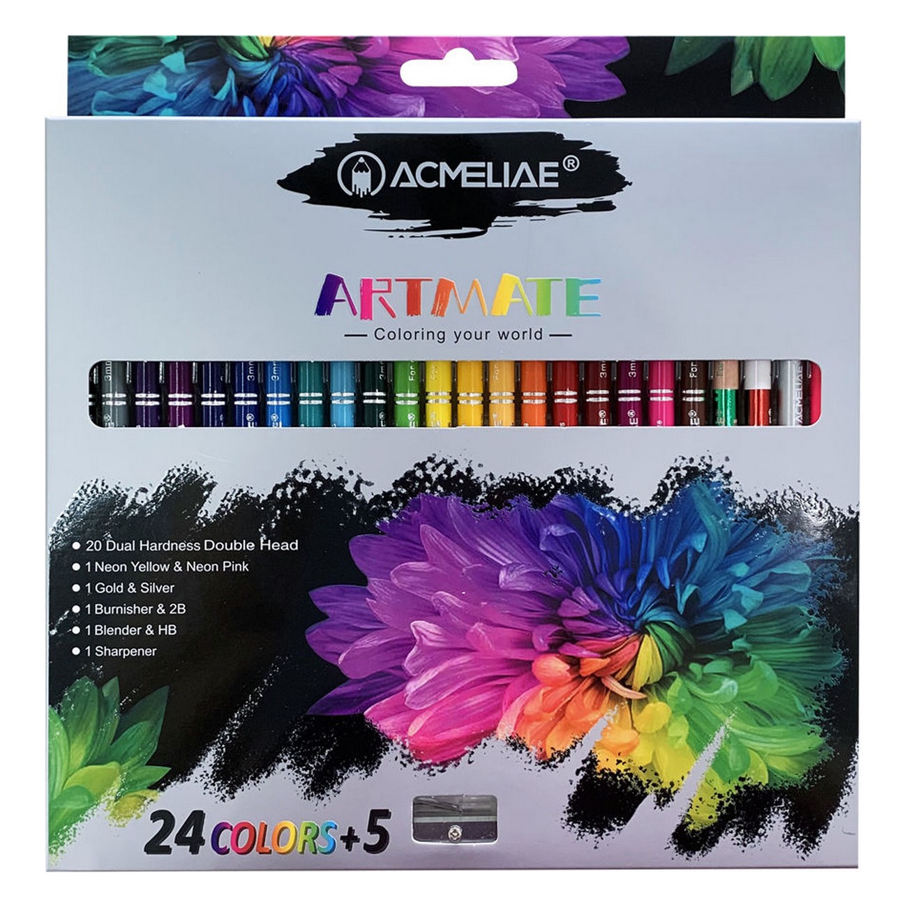Карандаши цветные ACMELIAE двусторонние трехгранные 24 штуки 48 цветов и точилка в картонном футляре - фото 1