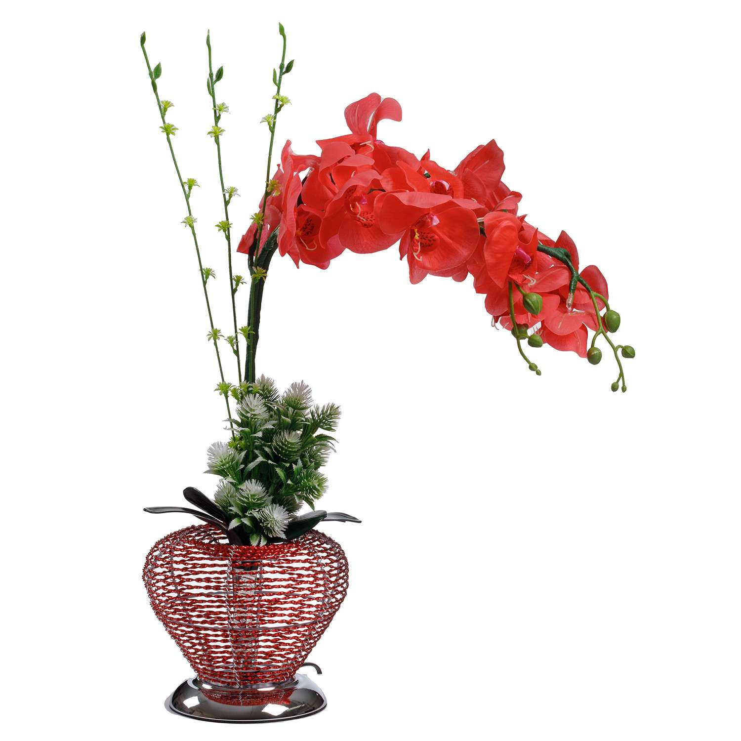 Светильник BABY STYLE светодиодный Орхидея красный в металлической вазе с кнопкой 50 см - фото 1