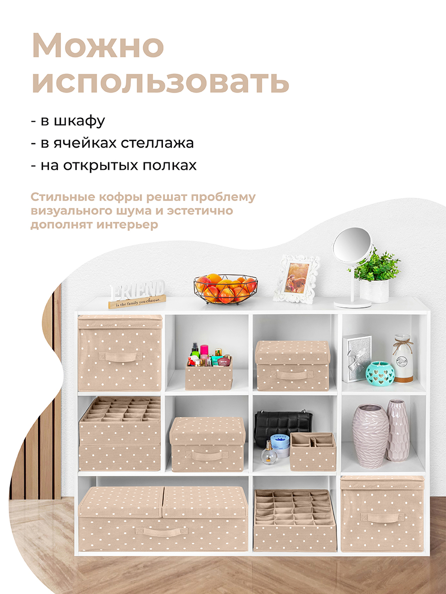 Короб - кофр складной El Casa для хранения 31х31х31 см Бежевый горошек с 2 ручками. с крышкой. квадратный - фото 3