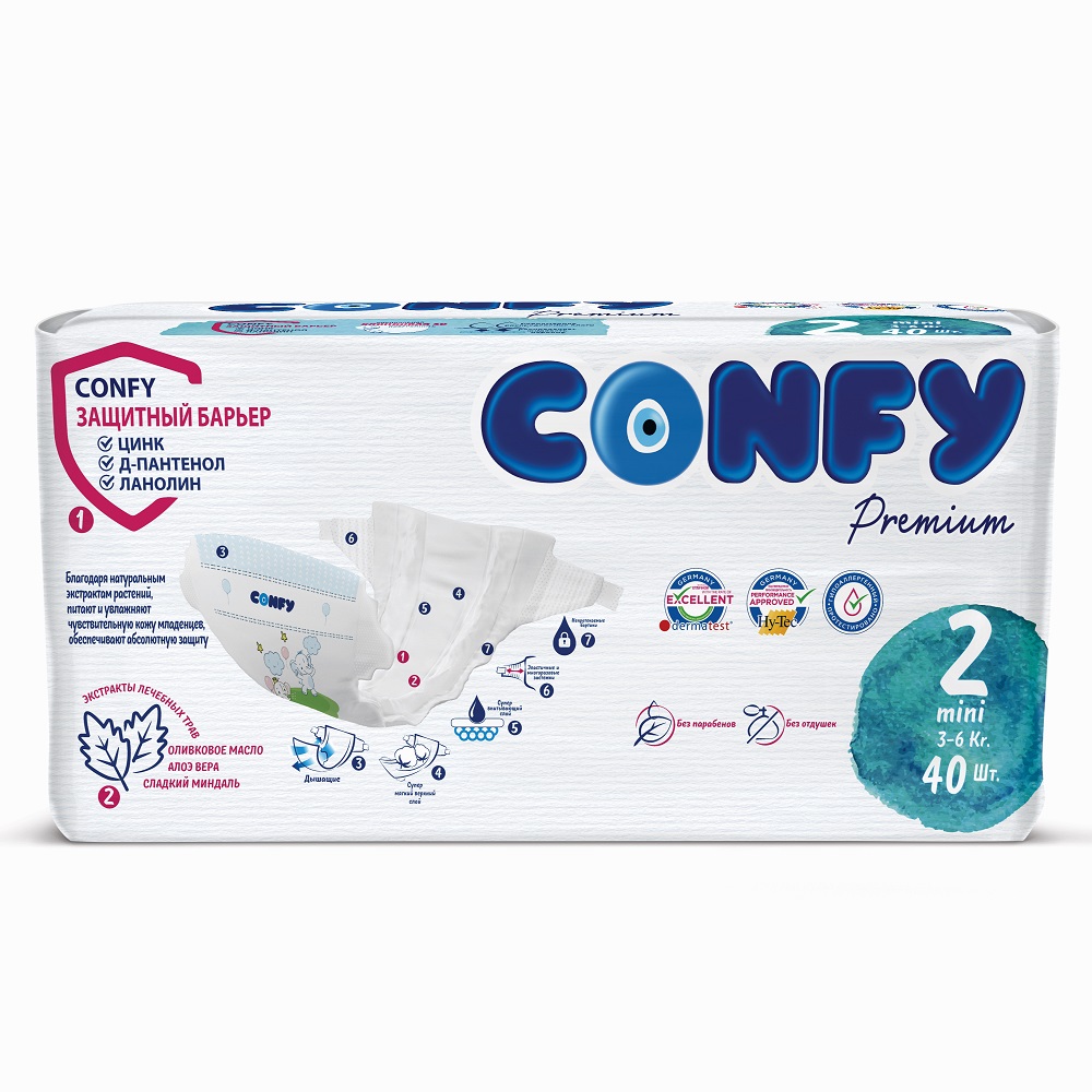 Подгузники детские CONFY Premium Mini размер 2 3-6 кг 40 шт CONFY - фото 2