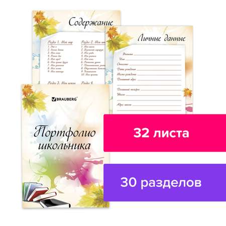 Листы-вкладыши Brauberg для портфолио школьника 30 разделов 32л