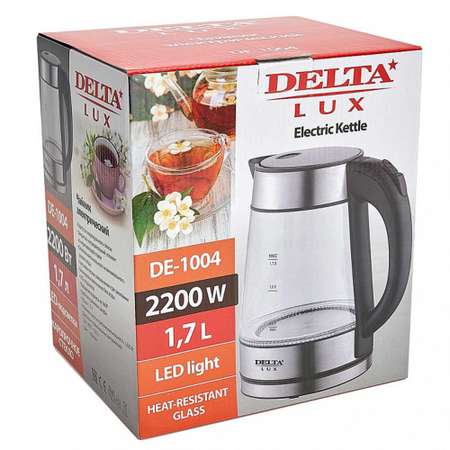 Электрический чайник Delta Lux DE-1004 корпус из жаропрочного стекла черный 2200 Вт