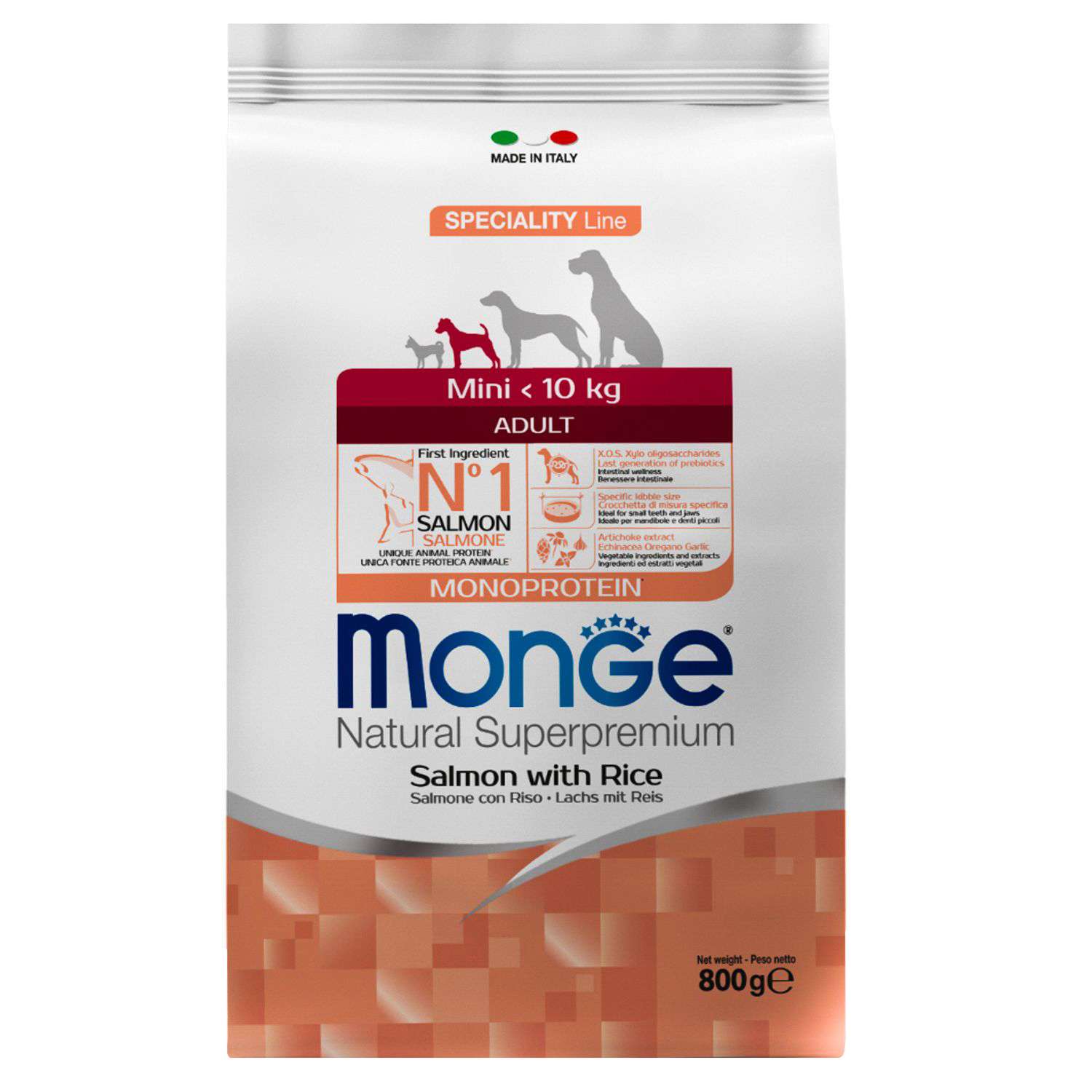 Корм для собак MONGE Monoprotein Mini мелких пород лосось с рисом 800г - фото 1