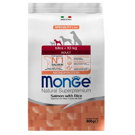 Корм для собак MONGE Monoprotein Mini мелких пород лосось с рисом 800г