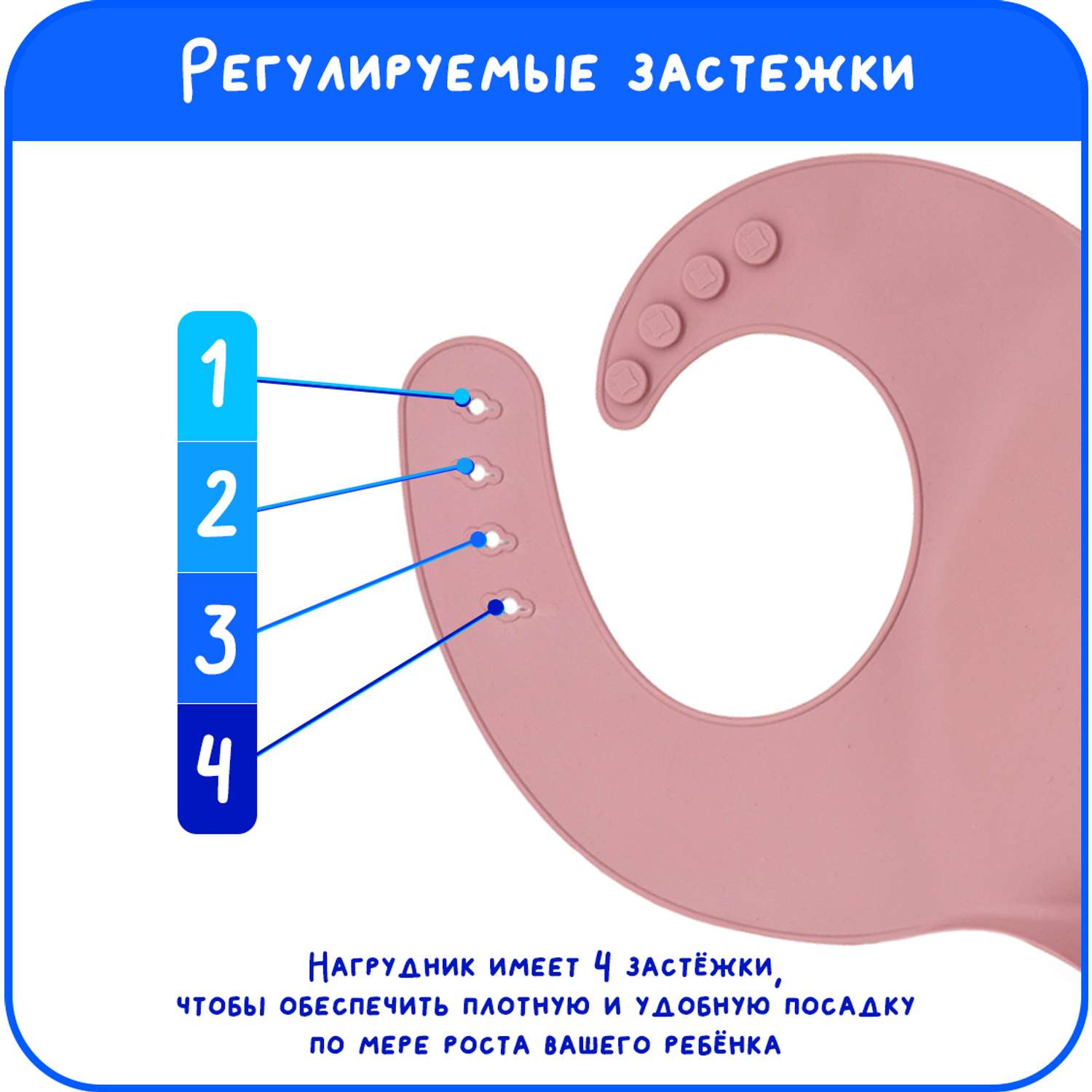 Детский силиконовый нагрудник MIKMEL для кормления мягкий с карманом и застежкой Dark Pink - фото 6