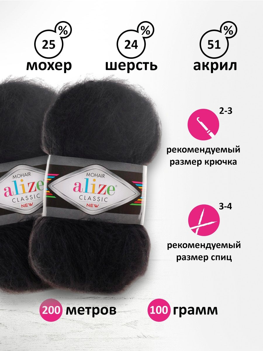 Пряжа Alize полушерстяная Mohair classic new 100 гр 200 м 5 мотков 60 черный - фото 3