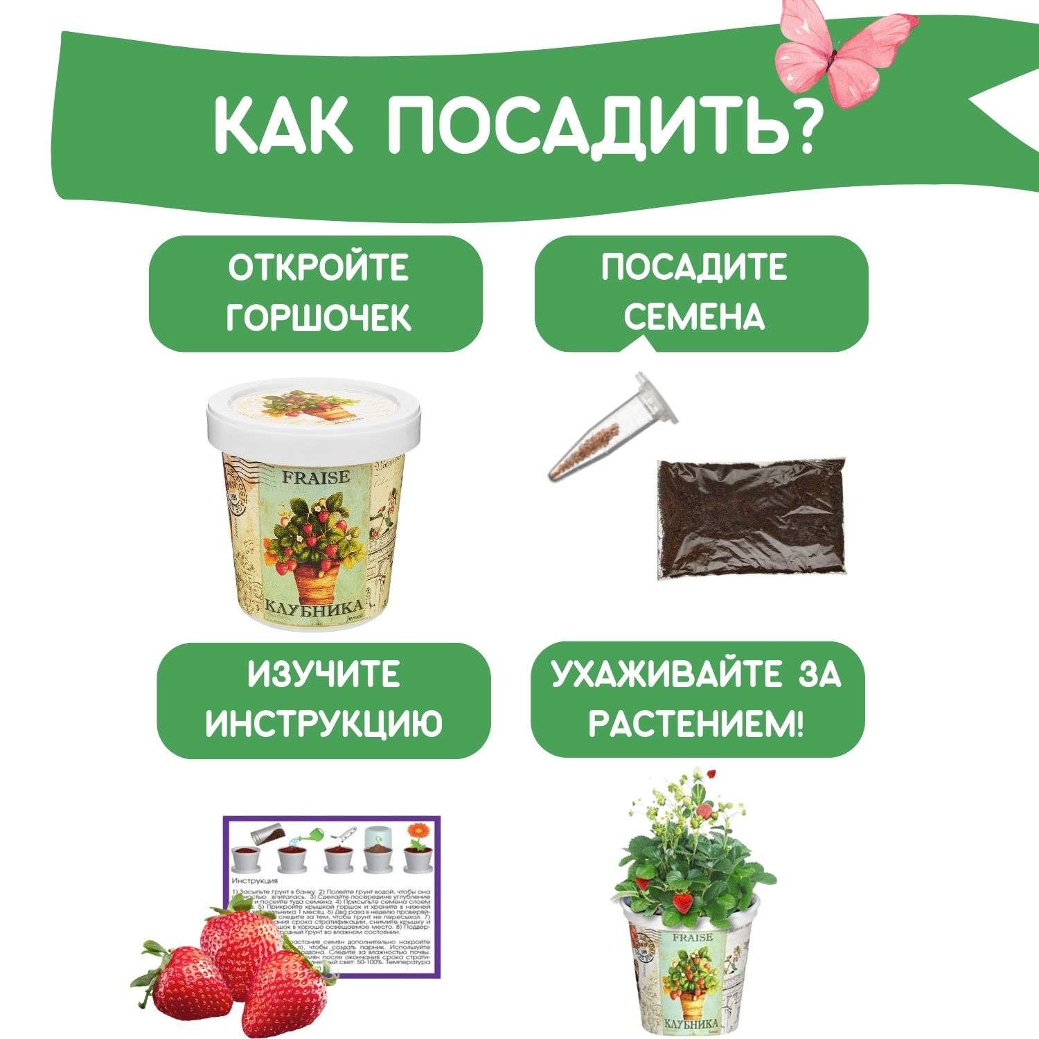 Набор для выращивания растений Rostok Visa Вырасти сам Клубнику в подарочном горшке - фото 4