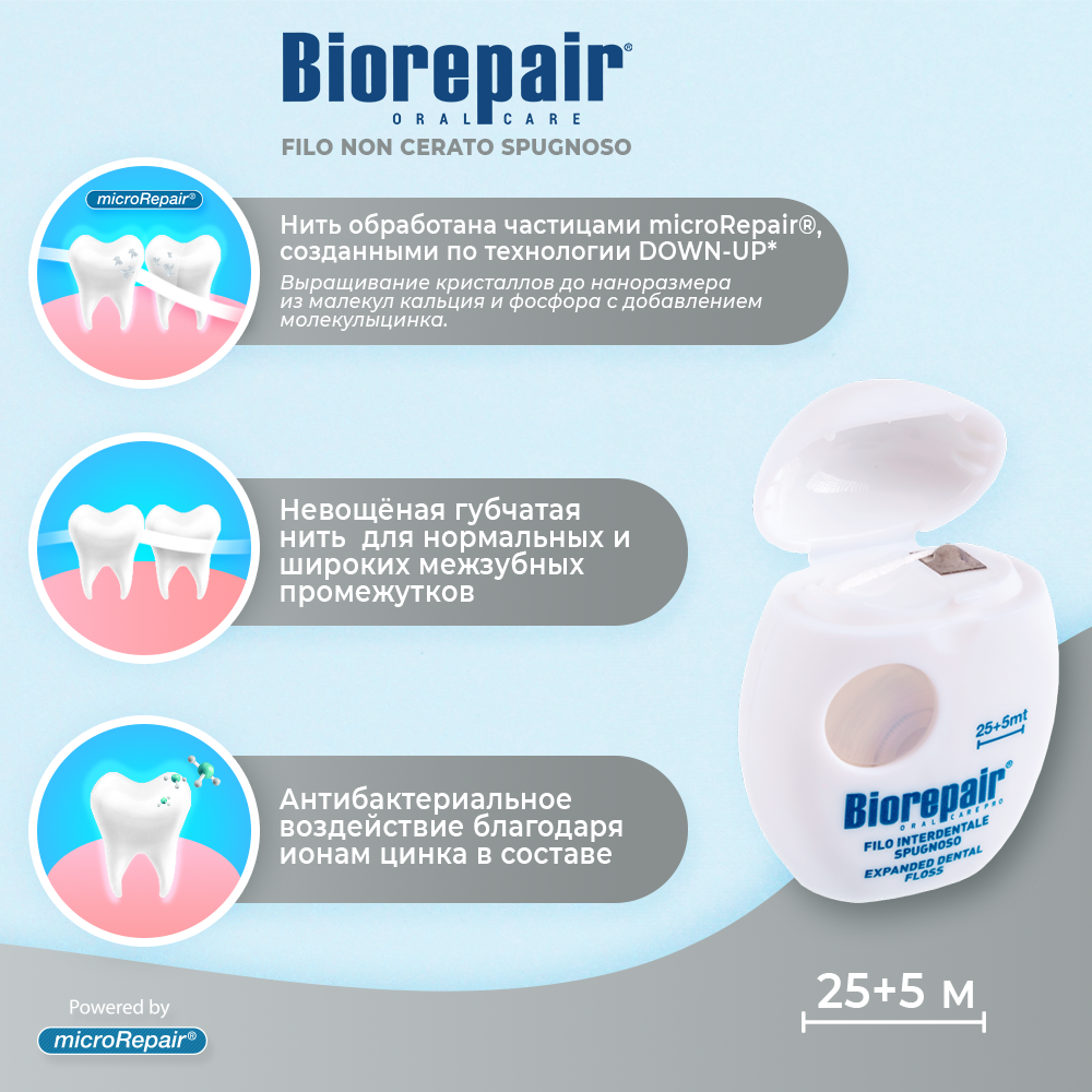 Нить зубная Biorepair Filo Non Cerato Spugnoso Невощеная губчатая 30 м - фото 3