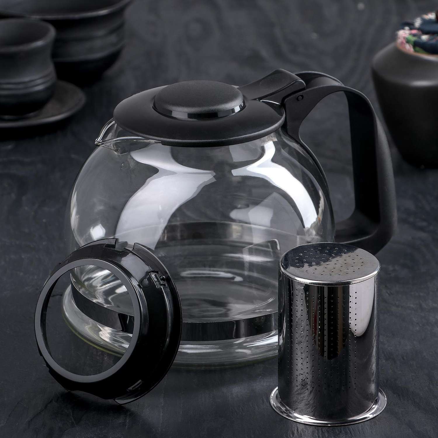 Чайник Sima-Land стеклянный заварочный «Иллюзия» 1.6 л с металлическим ситом цвет чёрный - фото 5