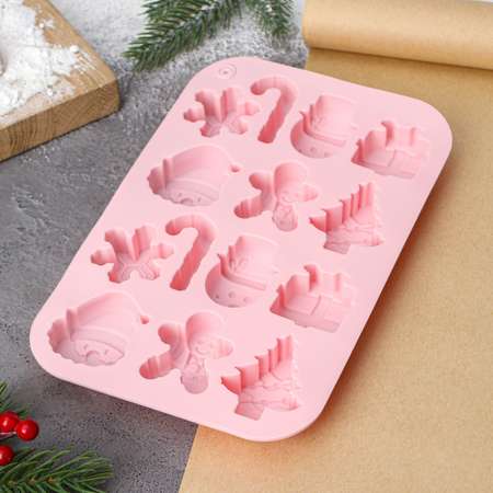 Форма Доляна силиконовая для выпечки «Новогодние подарки» 20×12 7×1 7 см 14 ячеек цвет розовый