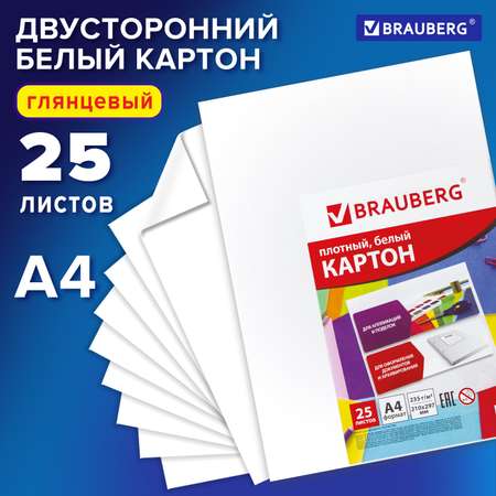 Картон белый Brauberg плотный А4 Мелованный глянцевый 25 листов