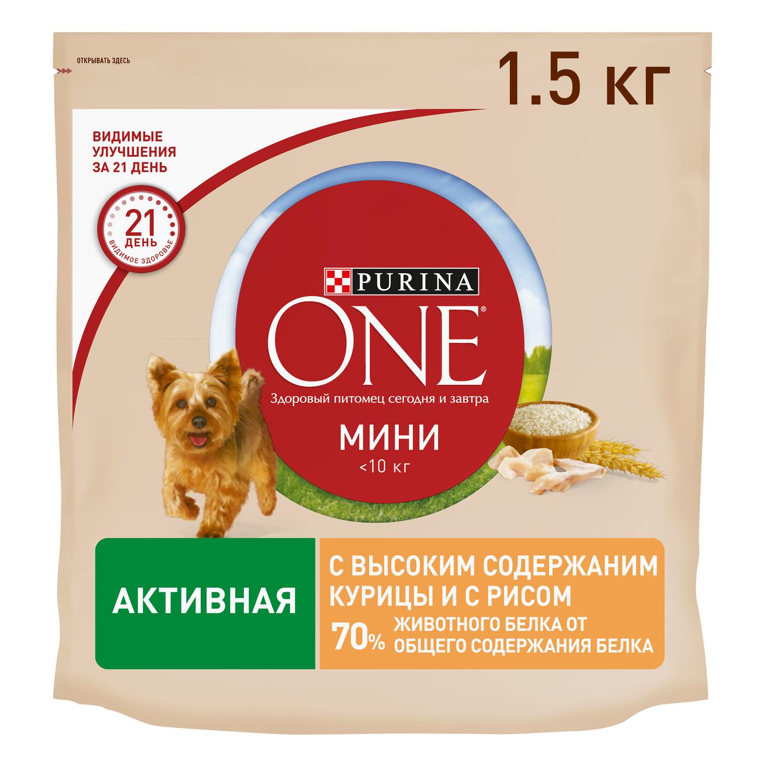 Корм для собак Purina One Mini активных мелких пород курица-рис 1,5 кг  купить по цене 635 ₽ с доставкой в Москве и России, отзывы, фото